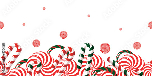 The border is a sweet Christmas candy. Lollipop on a stick. Festive sweetness. Caramel candies. Sweet New Year's dessert.