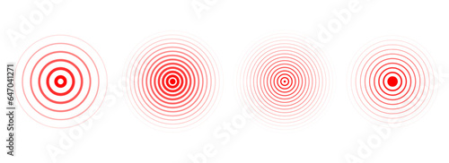 Red concentric ripple circles set. Sonar or sound wave rings collection. Epicentre, target, radar icon concept. Radial signal or vibration elements. Halftone vector illustration