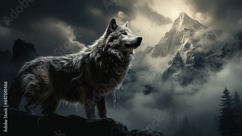  wolf howling on a cliff with white lilies  © Sekai