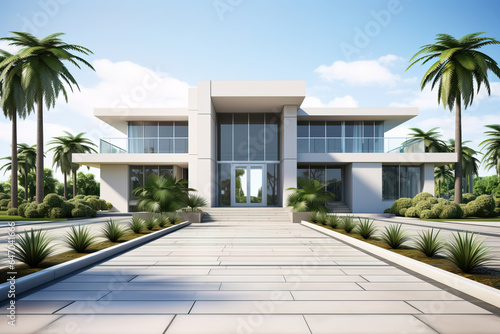 big tall modern symmetrical house with a long entrance