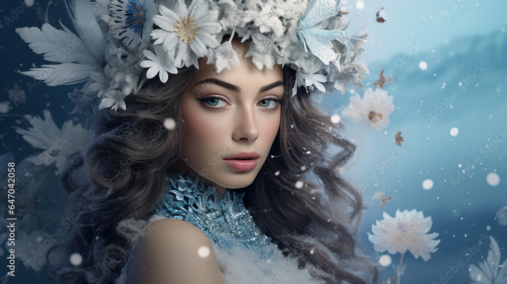 portrait of a woman symbolizing winter with a wreath on her head, all in cold tones