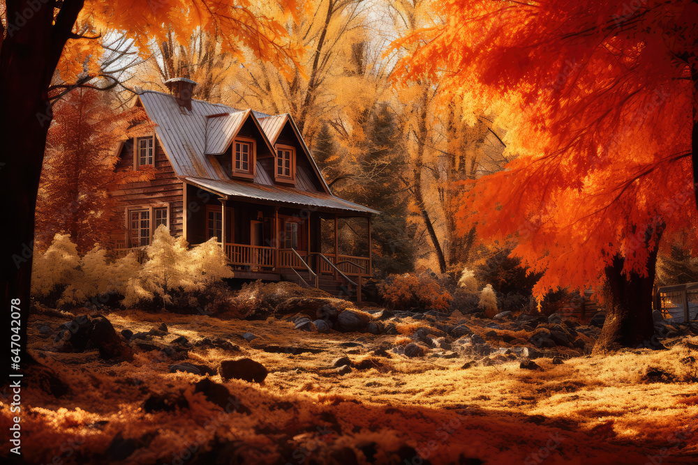 a farm house in the forest at autumn season