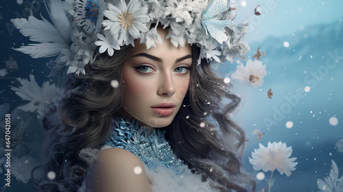 portrait of a woman symbolizing winter with a wreath on her head  all in cold tones