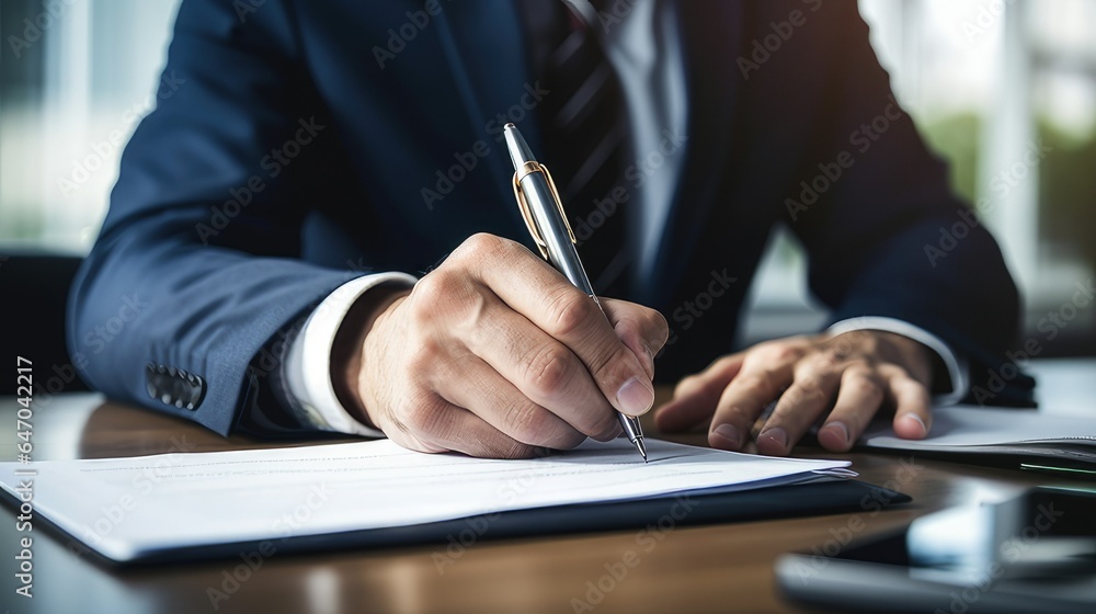 close up of person with pen signing contract at desk. generative AI close up of person with pen signing contract at desk. generative AI
