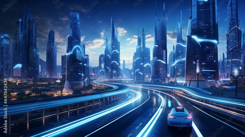 Futuristic city with futuristic buildings, roads, and cars.