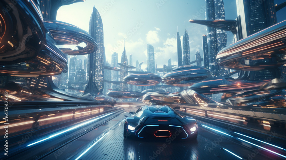 Futuristic city with futuristic buildings, roads, and cars.