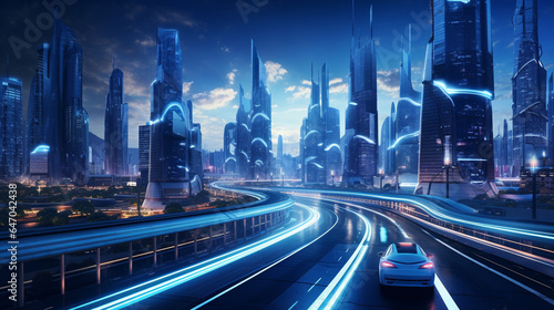 Futuristic city with futuristic buildings  roads  and cars.