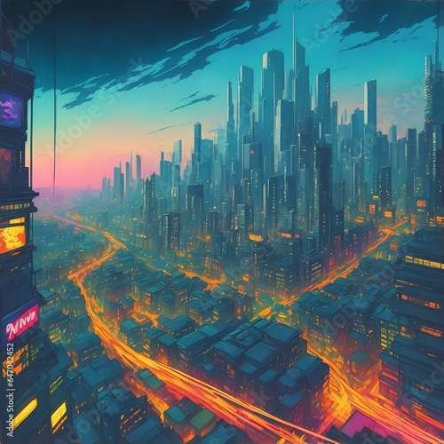 japanese comic style of cityscape in sunset atmosphere