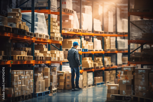 a Worker in a warehouse blurred shelves stacks background