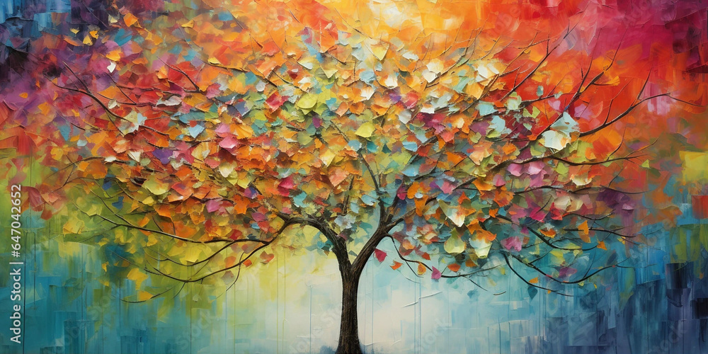 A Textured Colorful Oil Painting of a Tree - obrazy, fototapety, plakaty 