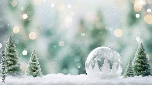 Snowy decorative crystal glass balls with green Christmas trees, Merry Christmas and Happy new year festive background, generative ai
