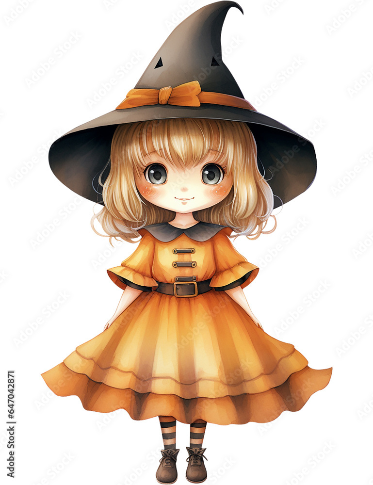 Cute Halloween girl in witch dress, watercolor style