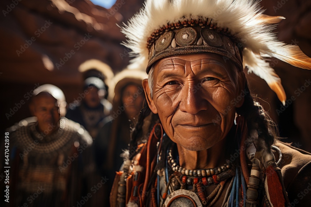 Group of Hopi tribe members dressed in intricate ceremonial regalia ...