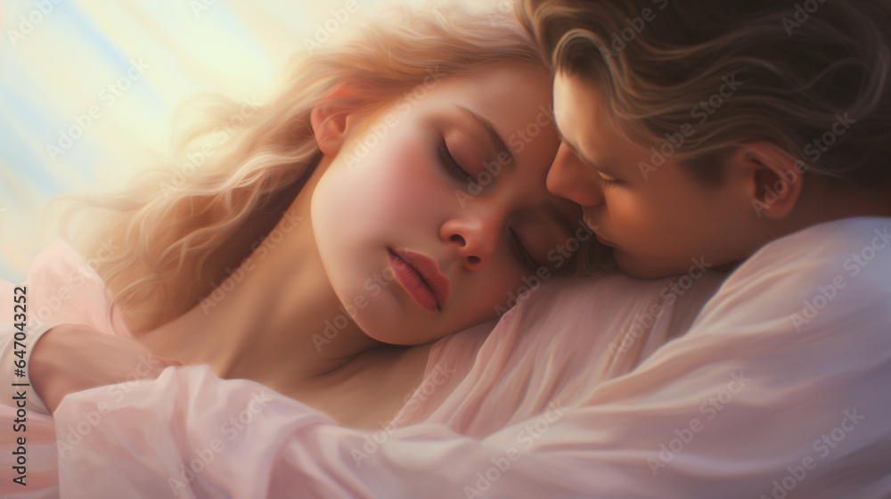 a beautiful couple in a gentle embrace close up and everything in soft pink colors a beautiful couple in a gentle embrace close up and everything in soft pink colors