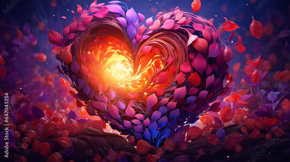 a heart of many leaves with a yellow-red hot light inside a heart of many leaves with a yellow-red hot light inside