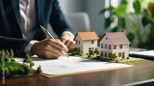 Real estate concept. businessman signs contract behind home architectural model. AI generated