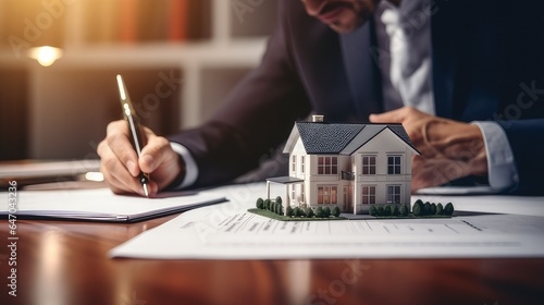 Real estate concept. businessman signs contract behind home architectural model. AI generated
