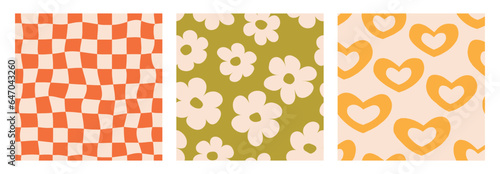 Groovy seamless background set. Repeating retro hearts, daisies and checkered pattern collection. Vintage psychedelic checkerboard wallpapers. Distorted orange green backdrop in 60s, 70s style. Vector photo