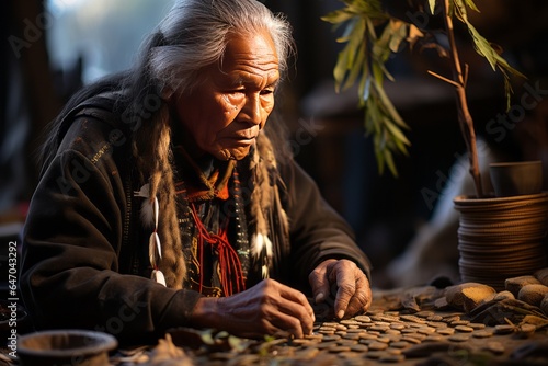 Member of the Ojibwe tribe sharing traditional medicinal knowledge, Generative AI. photo