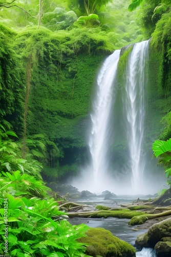 The lush greenery of a rainforest surrounding a powerful waterfall is a sight to behold. Use a slow shutter speed to capture the silky flow of the water.