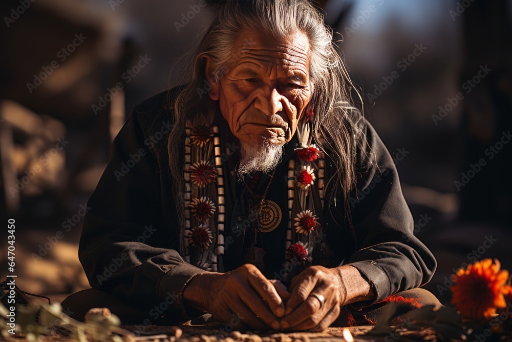 Tribal elder from the Navajo tribe performing a traditional blessing ceremony, Generative AI