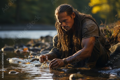 Wampanoag tribe member using traditional methods to catch fish Generative AI