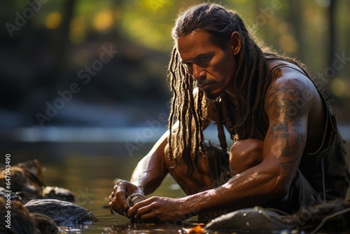 Wampanoag tribe member using traditional methods to catch fish,Generative AI photo