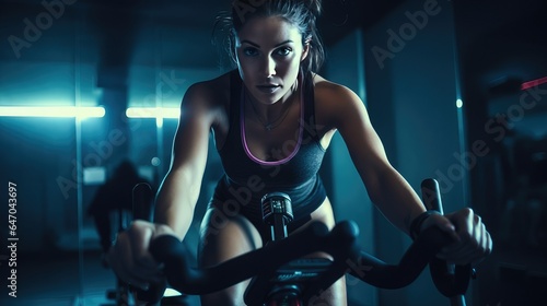 Adult woman is engaged on cardio exercise machine taking care of health. generative AI photo