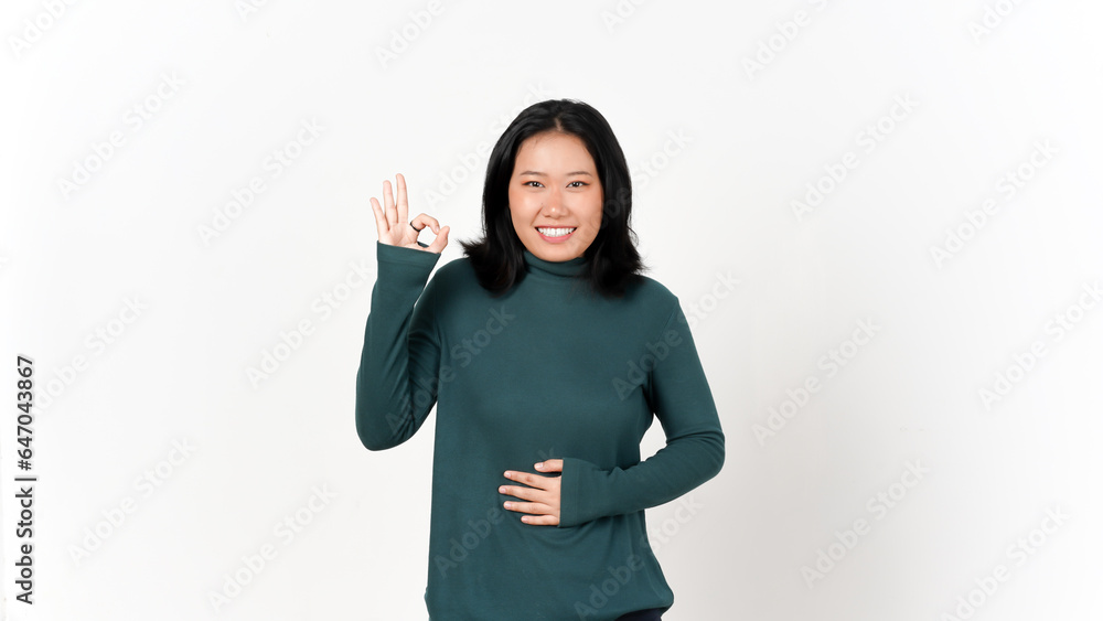 Showing OK Sign hand Gesture Of Beautiful Asian Woman Isolated On White Background Showing OK Sign hand Gesture Of Beautiful Asian Woman Isolated On White Background