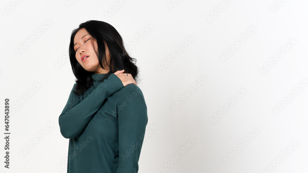 Feeling Pain on Shoulder Back Of Beautiful Asian Woman Isolated On White Background Feeling Pain on Shoulder Back Of Beautiful Asian Woman Isolated On White Background