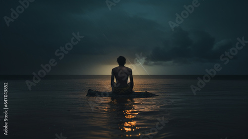on a small island in the middle of the sea at sunset sits a person in the lotus position, whose silhouette is visible only © MYKHAILO KUSHEI