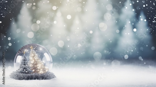 Snowy decorative crystal glass balls with Christmas trees, Merry Christmas and Happy new year festive background, generative ai