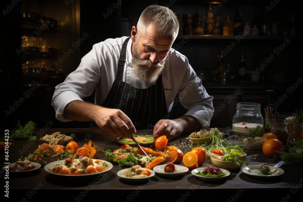 Master chef meticulously plating a complex and visually stunning dish, Generative AI Master chef meticulously plating a complex and visually stunning dish, Generative AI