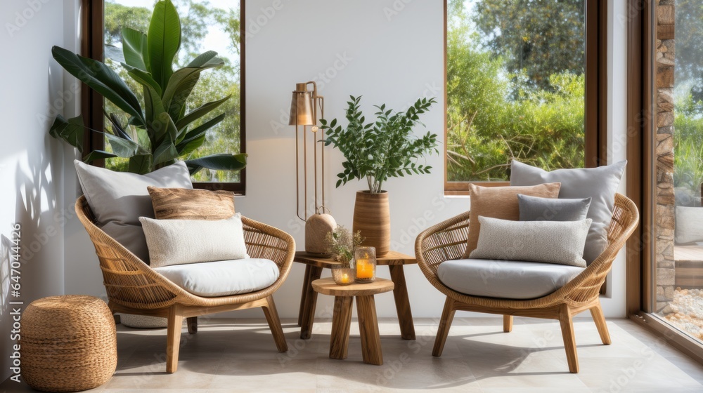 Stylish Rattan Chairs in a Sunlit Minimalist Interior. Stylish Rattan Chairs in a Sunlit Minimalist Interior.