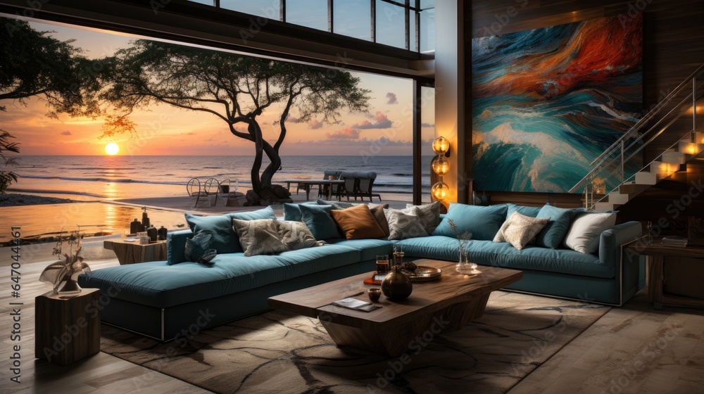 Fototapeta premium Luxury Living Room Design with Spectacular Beach Scenery. Relax in Coastal Comfort.