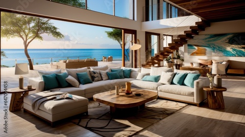 Luxury Living Room Design with Spectacular Beach Scenery. Relax in Coastal Comfort. © amnaj