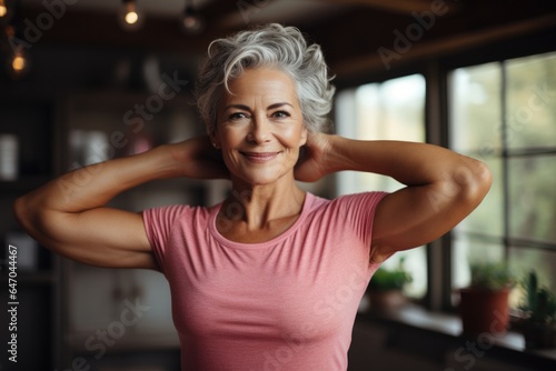Strong Woman. Mature Woman Embracing Wellness. Home Fitness Exercise Routine. A healthy middle-aged woman takes good care of her health © amnaj