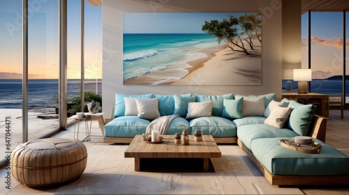 Luxury Living Room Design with Spectacular Beach Scenery. Relax in Coastal Comfort. © amnaj