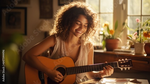 Young woman playing guitar happily in the house.