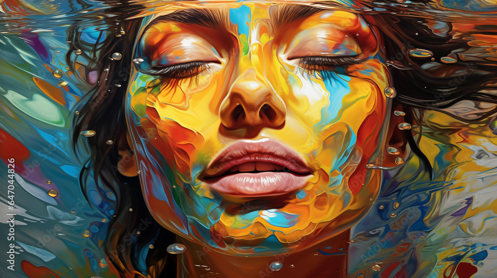woman with fully painted face with multi-colored paints, emotion of satisfaction - obrazy, fototapety, plakaty 