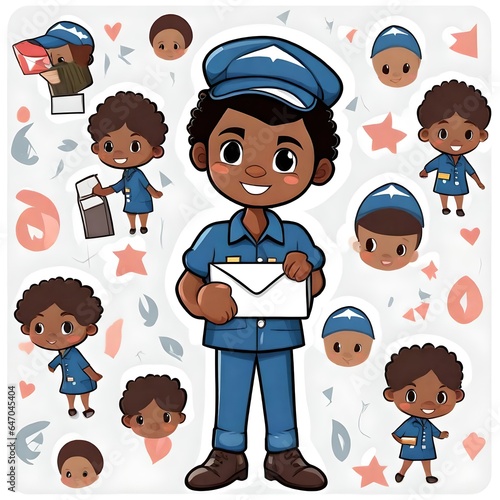 a cute chibi illustration of a black african american mailman delivery person