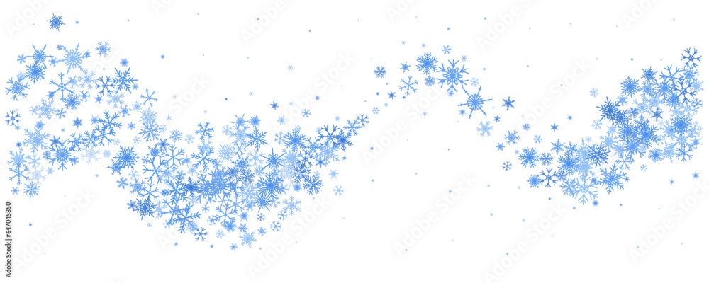 Obraz premium Snowflake wave winter background. Crystal stars Christmas decoration. Cold wind swirl snowstorm. Vector illustration
