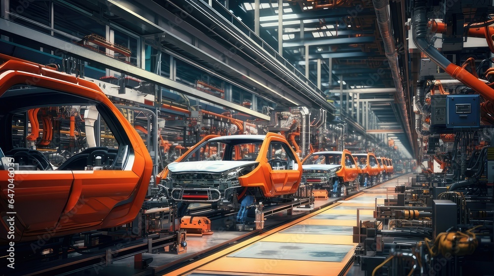 Robotic assembly line in an automotive factory. generative AI Robotic assembly line in an automotive factory. generative AI