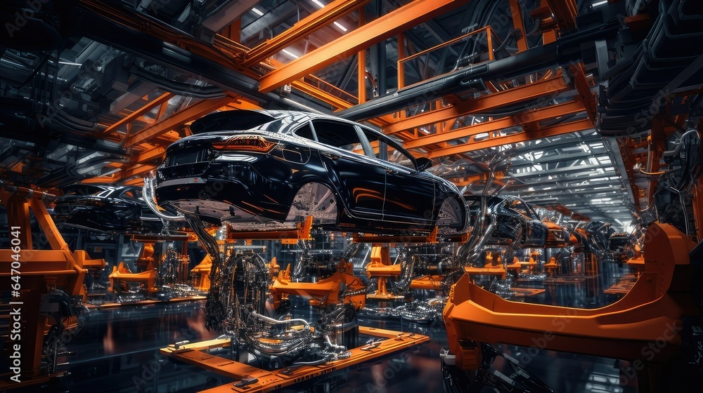 Robotic assembly line in an automotive factory. generative AI