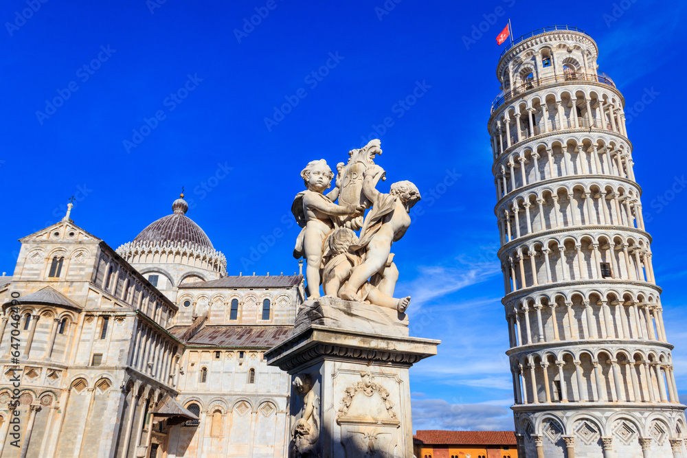 Pisa Cathedral (Cathedral of the Assumption of Mary) , Fountain of Angels and Leaning Tower of Pisa on Piazza dei Miracoli in Pisa, Tuscany, Italy