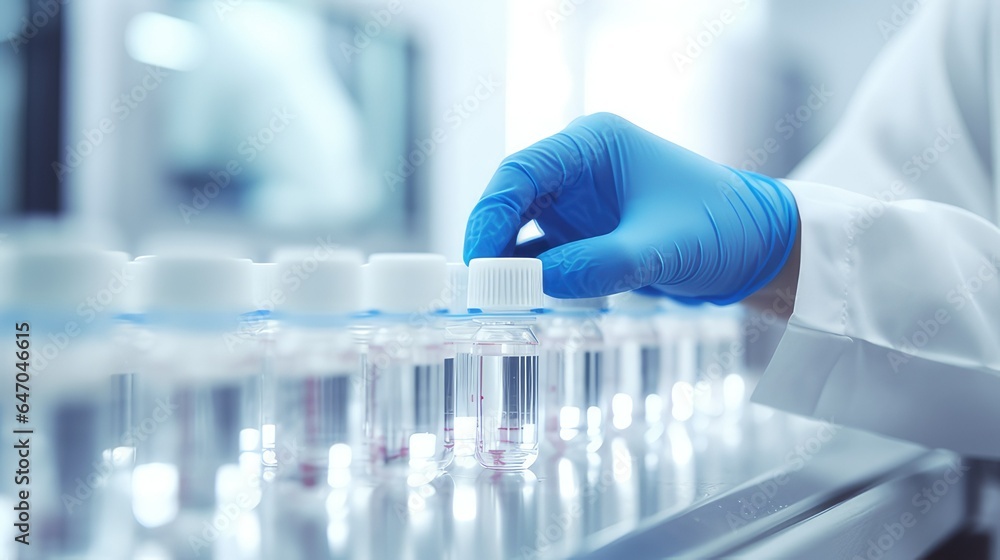staff check Medical vials on production line at pharmaceutical factory. generative AI staff check Medical vials on production line at pharmaceutical factory. generative AI