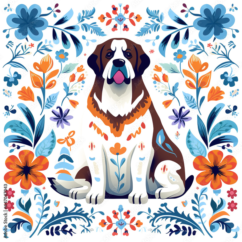Image of pattern design using Saint Bernard dog and flowers and leaves. Pet. Animals. Illustration, Generative AI.