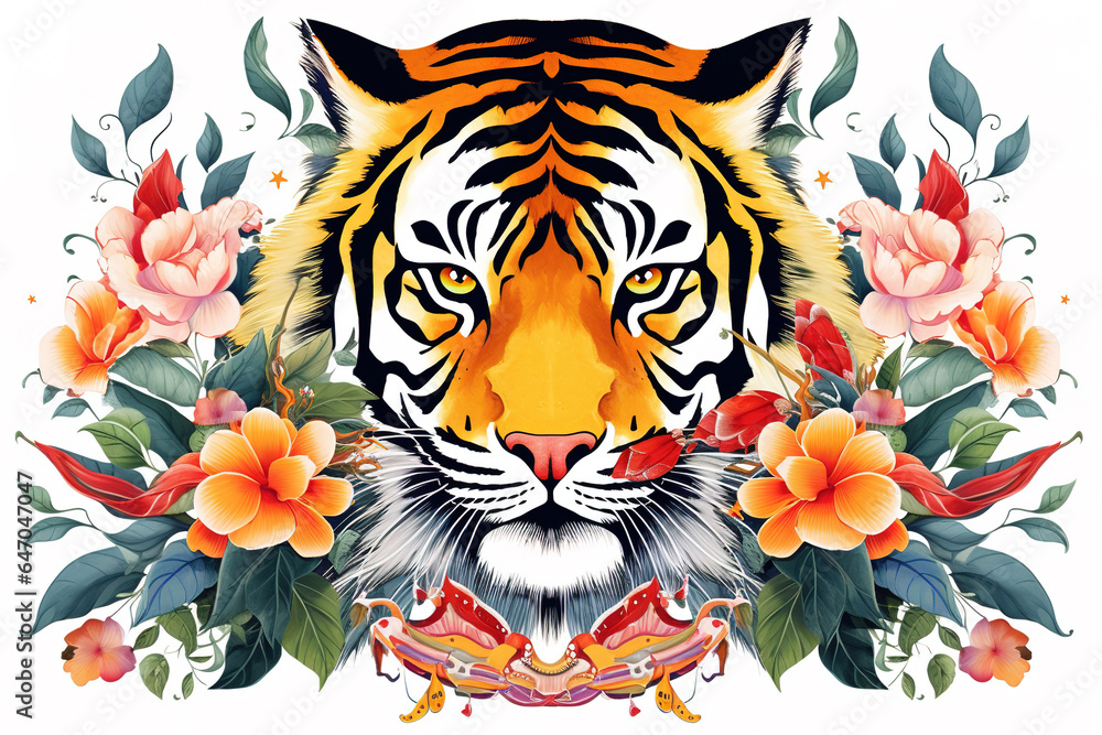 Image of pattern design using tiger face and flowers and leaves. Wildlife Animals. Illustration, Generative AI. Image of pattern design using tiger face and flowers and leaves. Wildlife Animals. Illustration, Generative AI.