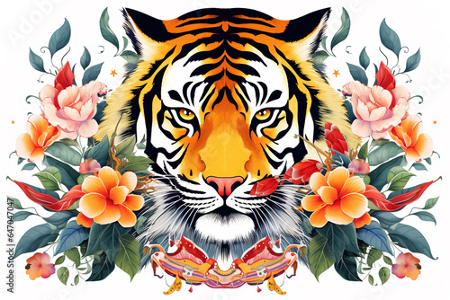 Image of pattern design using tiger face and flowers and leaves. Wildlife Animals. Illustration, Generative AI.