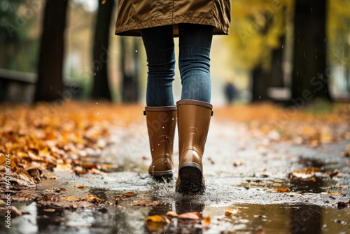 Back view of a woman walking in an autumn park after the rain